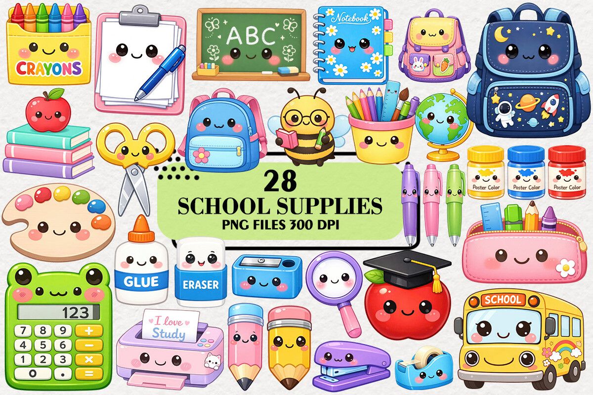 Kawaii School Supplies Stickers Clipart