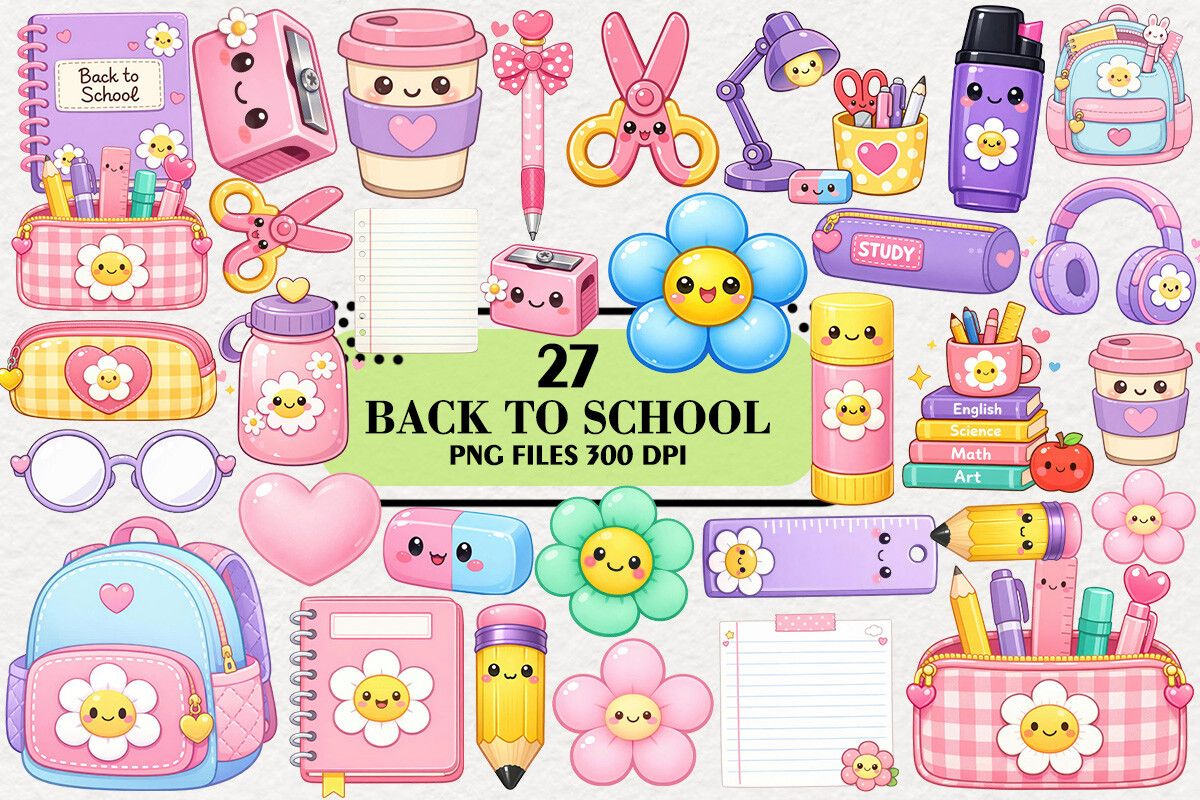 Kawaii Back to School Clipart Bundle